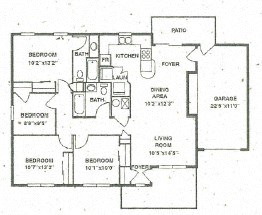 Floor plan for 4 beds, 2 baths, 1231 sqft